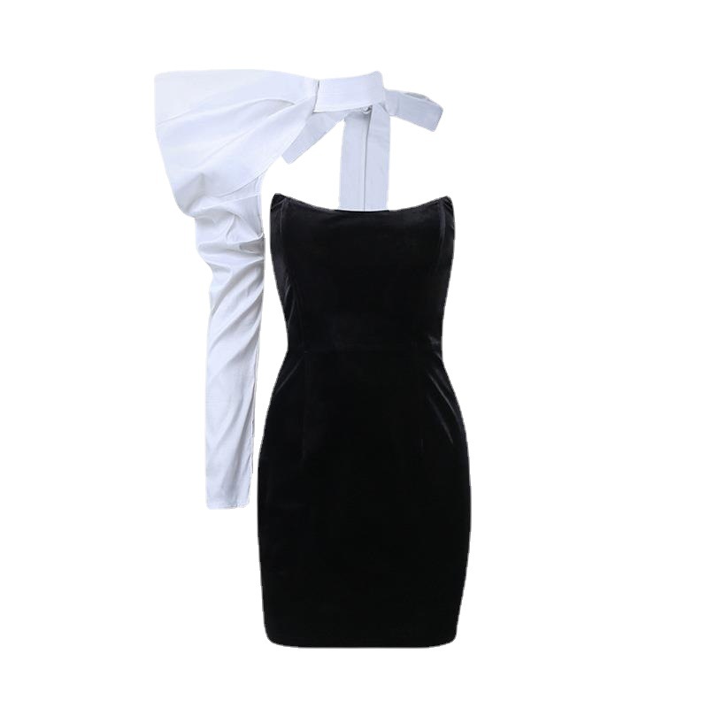 Bandeau-Neck Velvet Mini Dress  | Womens  Dresses Clothing Black