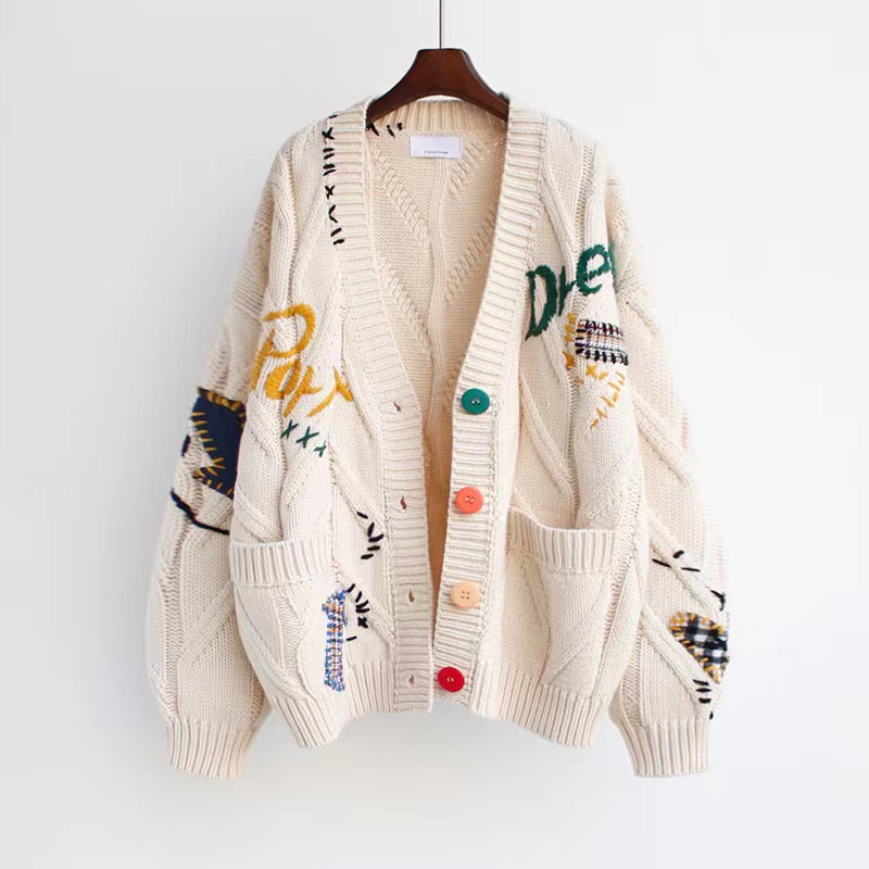 Ché Embroidered Cable Knit Cardigan  | Mens  Knitwear Clothing Ecru