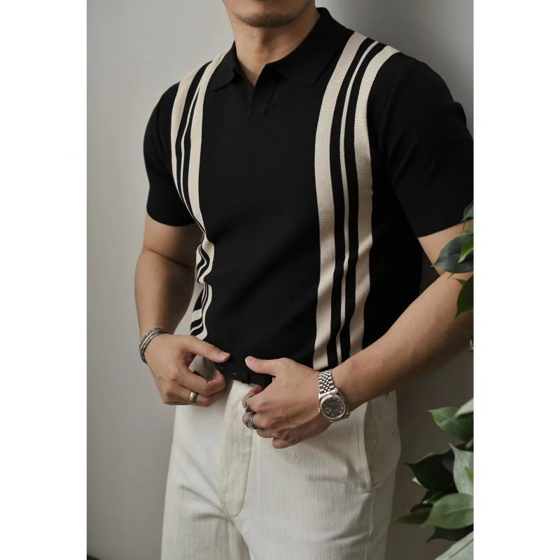 Ché Knitted Contrast Stripe Cuban Collar Shirt  | Mens  Shirts Clothing Camel