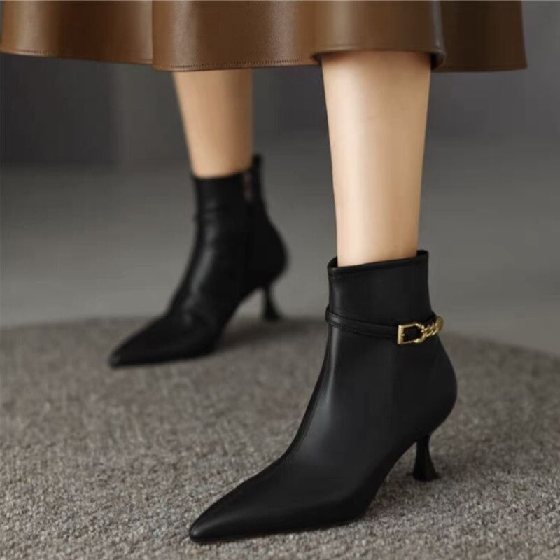 Leather Chain Embellished Ankle Boots  | Womens  Boots Boots Black