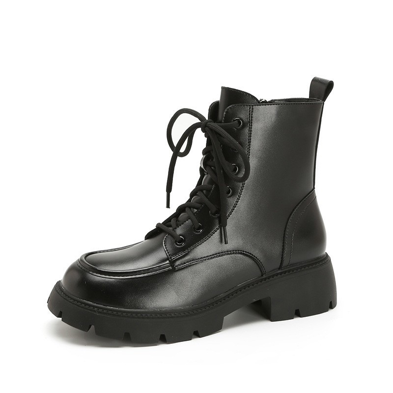 Leather Lace-Up Boots  | Womens  Flats Boots Black