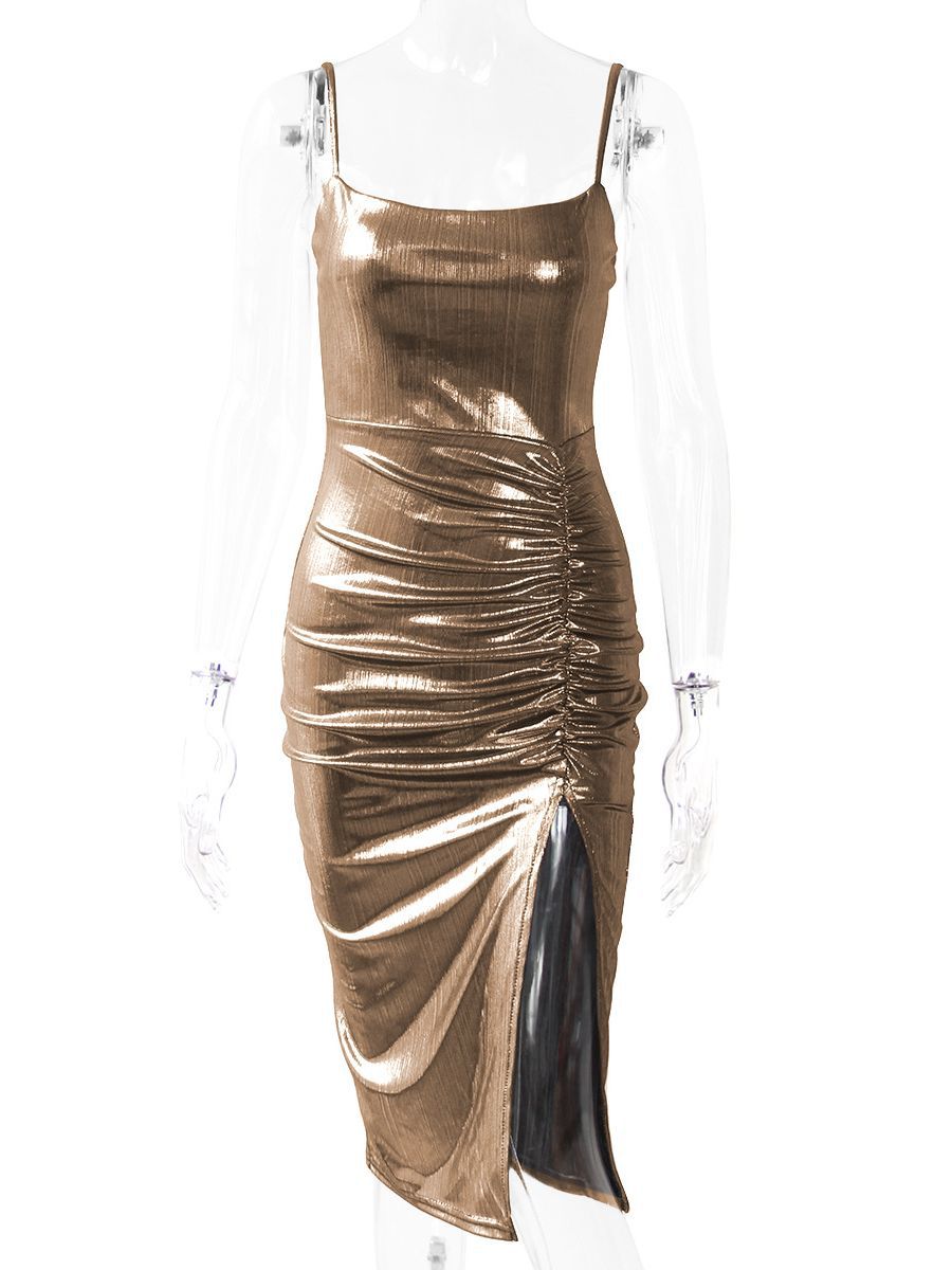 Metallic Ruched Maxi Dress  | Womens  Dresses Clothing Dresses