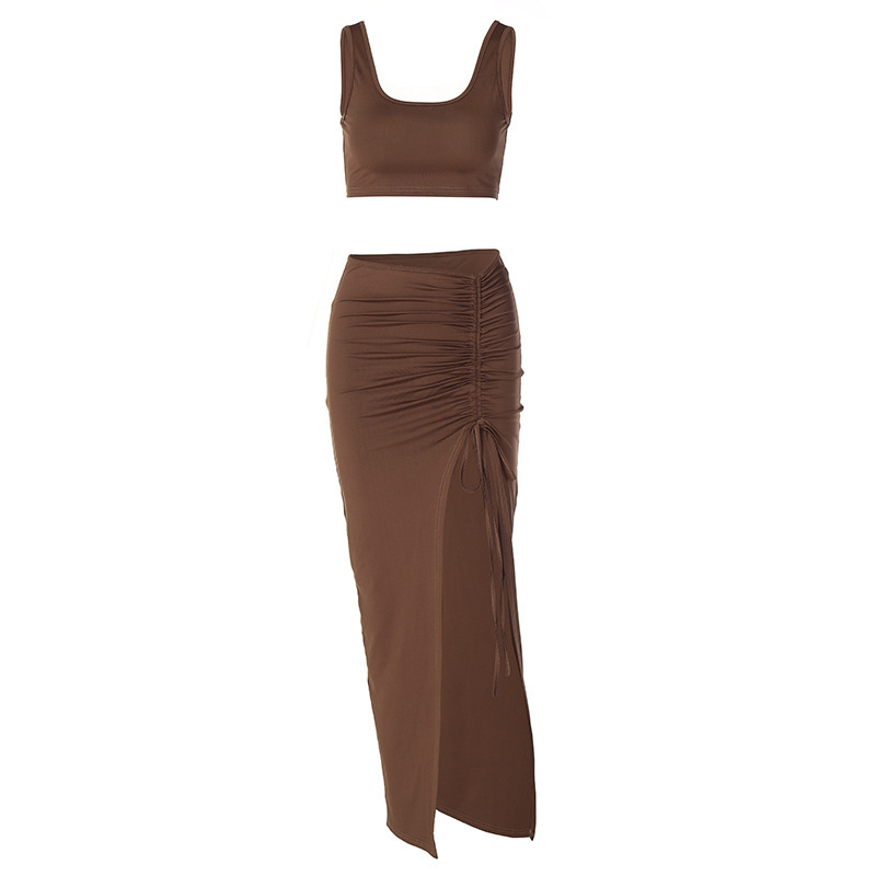 Ruched Front Split Midi Skirt  | Womens  Skirts Clothing Chocolate