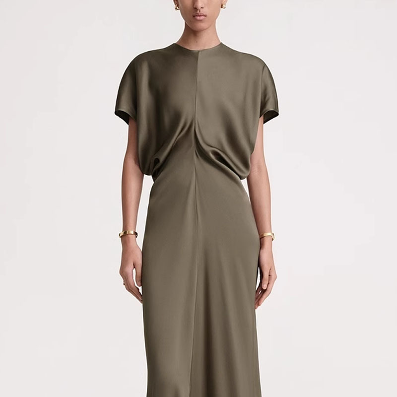 Satin Short-Sleeve Midi Dress  | Womens  Dresses Clothing Dresses