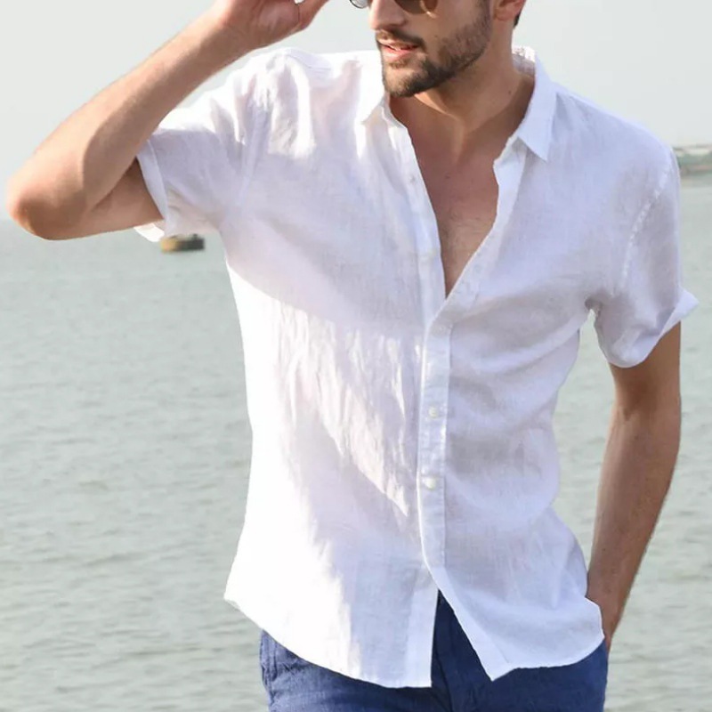 Slim Fit Linen Button-Through Shirt  | Mens  Shirts Clothing Mens